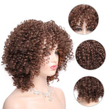 Forfeels Afro Wig with bangs for Black Women Short Kinky Curly Brown Shoulder Length Synthetic Full Wigs for Daily Use with Wig Cap