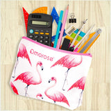 Omorose Cosmetics Womens Girls Small Cute Makeup Toiletry Beauty Zipper Zip Closure Portable Accessory Organizer Storage Pencil Holder Travel Flamingo Print Cotton Canvas Purse Pouch Bag, White & Pink