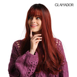 Ombre Long Wavy Synthetic Wigs GLAMADOR Cosplay Wine Red Burgundy Wig with Bangs, Women's Body Wavy Non Lace Hair Heat Resistant Fiber Natural Looking Glueless Wig with Wig Cap 22 inch