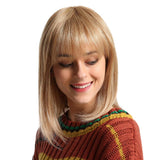 Emmor Natural Blonde Human Hair Wigs for Women and Lady,Shoulder Length Bob Wig Blend With Healthy Kanekalon Fiber with Bangs Straight Style, Softer/Finer/Lightweight
