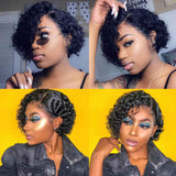 Curly Bob 360 Lace Front Wigs Human Hair 150% Density Short Bob Pixie Cut Lace Frontal Wig Pre Plucked with Baby Hair Natural Black Remy Hair for Women (360 Lace 8Inch)