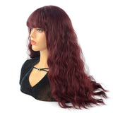Long Wavy Wig with Bangs 24 Inch Synthetic Wine Red Long Wave Wigs for Women Heat Resistance Burgundy Wig for Everyday Wear Cosplay Use