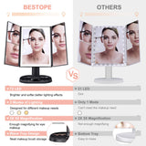 BESTOPE Upgrade Makeup Mirror with Lights，3X 5X Magnification，72 LED Vanity Trifold Mirror，3 Color Lighting Modes Lighted Makeup Mirror with Touch Screen,Portable High Definition Light Up Mirror Black