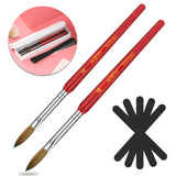 Nail Brush 100% Pure Kolinsky Hair Acrylic Nail Art Brush Red Wood Pen Nail Brush 2 Sizes with 5 Pieces Nail Files Set (10#12#)