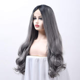 LOT ARTS 24 inches Silver Grey Ombre Wigs Dark Roots Long Curly Wavy Heat Resistant Synthetic Lace Front Wigs for Women