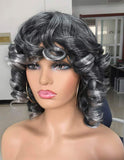 Annivia Black with Grey Highlights Short Afro Curly Wigs with Bangs for Women Kinky Curly Hair Wig for Black Women 2 Tone Ombre Grey Big Bouncy Fluffy Curly Wig