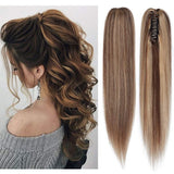 100% Remy Human Hair Ponytail Extension One Piece Claw/Jaw Clip Ponytail Hairpiece Clip In Pony Tail Extensions For Girl Lady Women Long Straight #4P27 Medium Brown&Dark Blonde 22'' 120g