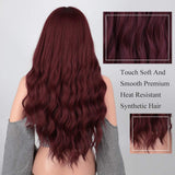 AISI QUEENS Long Wavy Wine Red Hair Wig With Bangs for Women Girls Cosplay Fluffy Wavy Natural Looking Heat Resistant Synthetic Hair Wig for Daily Use 24 inch