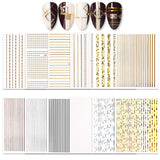 JAKSSO 12 Sheets 3D Metallic Nail Stickers for Women Gold Silver Nail Decals Chains Stripe Lines Adhesive Nail Art Stickers for Acrylic Nails Manicure DIY and Nail Salon