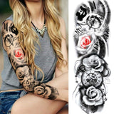 11 Sheets NEZAR Sexy Big Rose Flower Full Arm Temporary Tattoos For Women Compass Clock Fake Tattoo Sticker Long Large Temporary Tattoo Sleeves Tribal Waterproof Twisted Chain Temp Tatoo Paper Skull