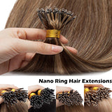 SEGO Nano Ring Bead Hair Extension 100% Remy Human Hair Extension Pre-bonded Micro Nano Rings Beads Loop Hand Tied Hairpiece Straight 24 Inch #4P27 Medium Brown&Dark Blonde 1g/strand 50g/pack