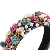 Padded Velvet Flower Rhinestone Headband - Crystal Baroque Padded Hairband with Flowers Embellished Hair Hoop Race Goth Wedding Party Headpiece (Colorful+Gold)