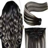 LaaVoo Ombre Clip in Hair Extensions 14 Inch Black Clip in Human Hair Extensions Off Black Fading to Silver Grey Mixed Black 5pcs 70g Silky Soft Real Hair Clip in Extensions