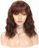 Lizzy Short Brown Wavy Wigs with Bangs for Women Natural Looking 14" Short Curly Bob Wig Heat Resist Synthetic Curly Wavy Wig