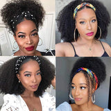 Curly Headband Wig Human Hair Headband Wigs Glueless None Lace Front Afro Wig Kinky Curly Brazilian Human Hair Wigs for Black Women Wear and Go Wigs Head Scarf Half Wig (22 Inch)