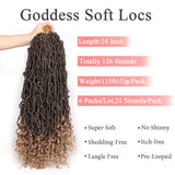 Leeven 6 Packs Ombre Brown Goddess New Faux Locs Crochet Braids Hair With Curly Ends Pre looped 24 Inch Long Soft Locs Hair for Women 21 Strands/Pack Curly Wavy Goddess Locs Braiding Hair (T27#)