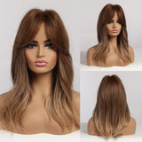 16" Ombre Brown Blonde Wigs Natural Straight Synthetic Heat Resistant Wigs for Women Layered Shoulder Length Hairstyle Fiber Wigs