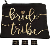 3pc Bride Tribe Makeup Bags - Bridesmaid Favor for Bachelorette Party, Bridal Shower, Wedding. Also Great as Toiletry Bag, Wedding Survival Kit, Hangover Kit, Keepsake (3pc Pack, Black & Gold)