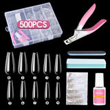 Clear Nail Tips False Nails, 500Pcs Long Full Cover Coffin Fake Nails Tip, Ballerina Artificial False Nails with Box-Nail Glue/Nail Files/Sponge Polishing/Nail Clipper/Nails Rhinestones for Nail Art