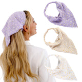 Chiffon Turban Head Kerchief Scarf - 3Pcs Floral Hair Bandanas Triangle Head Scarves Headband with Clips for Women Hair Scarves (Double-layer(White+Off-white+Purple))