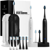 AquaSonic DUO Dual Handle Ultra Whitening 40,000 VPM Wireless Charging Electric ToothBrushes - 3 Modes with Smart Timers - 10 DuPont Brush Heads & 2 Travel Cases Included