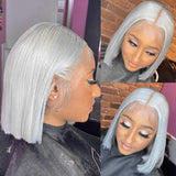 Lace Front Human Hair Bob Wigs T Part Short Straight With Baby Hair 180% Density 13x4x1 Lace Frontal Glueless Grey Straight Wig for Black Women Pre Plucked(8 inches)