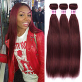 Aigemei Peruvian Wine Red Straight Human Hair 3 Bundles Unprocessed Virgin Human Hair Weave for Black Women (10''12''14'',Burgundy Color 99J)