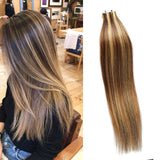 20 Inch Tape in Hair Extensions Remy Human Hair Extensions Se mi-Permanent Pre-taped Invisible Weft Color #4/27 Straight 20 pcs/50g (20", P4/27)