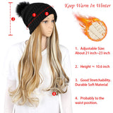 XBwig Beanie Hat With Hair Wigs For Women 20 inch Long Curly Wavy Synthetic Detachable Wig Warm Soft Ski Knitted Winter Cap With Black Pom Pom Dark Brown -Beige Hat