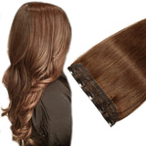 20 inch Clip in Hair Extensions Human Hair One Piece Clip in Remy Hair for Women Long Straight Natural Soft Real Hair 3/4 Full Head Skin Weft Rooted Clip on with 5 Clips Medium Brown #4