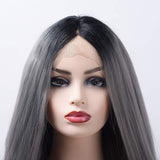 LOT ARTS 24 inches Silver Grey Ombre Wigs Dark Roots Long Curly Wavy Heat Resistant Synthetic Lace Front Wigs for Women