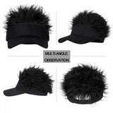 Qlenkay Sun Visor Hat with Novelty Fake Hair Adjustable Golf Baseball Cap Attached Flair Spiked Hairpiece Peaked Wig for Halloween Cosplay Party Natural Black