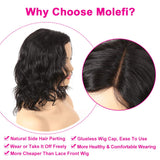 Molefi Wavy Wigs for Black Women Body Wave Human Hair Side Parting Wig Shoulder Length Natural Black Color Machine Made Regular Glueless Wig with Lace Part