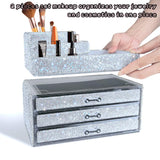 Makeup Organizers Drawer,Jewelry Cosmetic Storage Display Boxes, Makeup Brush Holder, Cosmetic Holder,Bling Diamond Countertop Jewelry Case Gift for Women,Girls,2 Pieces Set (Purely Handmade)