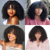 Kinky Curly Wigs with Bangs Grade 10A Virgin Human Hair Wigs for Black Women Kinky Human Hair Wigs with Bangs 150% Density Glueless None Lace Front Wigs Natural Black Color(18 inch)
