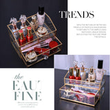 Clear Glass & Brass Metal Cosmetics Storage Display Case,Cosmetic Organizer,Glass Makeup Storage,for Countertop Bathroom Vanity Dresser Ideal Gift (GOLD-X)