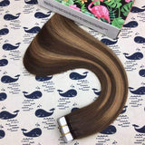 HIKYUU 22" 50g/20pcs Ombre Balayage Invisible Tape in hair Extensions Double Sided #4/27/4 Highlighted Caramel Extensions Tape in Brown Ombre Balayage with Dark Brown Roots