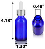 1 oz / 30 ml Cobalt Blue Glass Boston Round Bottle with Silver Metal and Glass Dropper (24 pack) + Funnel