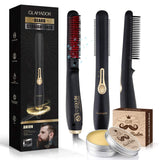 GLAMADOR Beard Straightener Comb for Men, Portable Anti-Scald Hair Straightening Brush, Instant Heating Ionic Beard Comb with Beard Balm- 3 Level Adjustable Temperatures, Gifts for Him