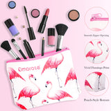 Omorose Cosmetics Womens Girls Small Cute Makeup Toiletry Beauty Zipper Zip Closure Portable Accessory Organizer Storage Pencil Holder Travel Flamingo Print Cotton Canvas Purse Pouch Bag, White & Pink