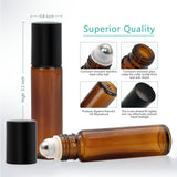 24, 10ml Roller Bottles for Essential Oils - Amber, Glass with Stainless Steel Roller Balls by Mavogel (3 Extra Roller Balls, 54 Pieces Labels, Opener, Funnel, Dropper, Brush Included)