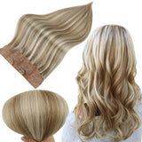 Runature Fish Line Halo Hair Extension 10 Inch 8P60 Light Brown with Platinum Blonde Hidden Invisible Crown 50g Human Short Hair Extension