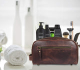 10" Premium Leather Toiletry Travel Pouch With Waterproof Lining | King-Size Handcrafted Vintage Dopp Kit By Aaron Leather Goods (Walnut - Dual Zipper)