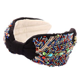 Embroidered Headband For Woamn Hand Sewing Beaded Wide Elastic Hair Hoops Bohemia Boho Knotted Turban Headband Hairband Hair Accessories (muticolor beaded)