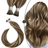 Ugeat Itip Human Hair Extensions 22inch I Tip Hair Extensions Remy Hair Dark Brown Highlighted Caramel Blonde Pre Bonded Human Hair Extensions 0.8g/Strand 40Gram Natural Hair Extensions