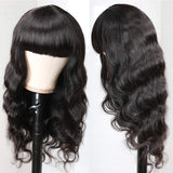 Body Wave Wigs With Bangs 100% Brazilian None Lace Front Wigs 150% Density Full Machine Made Long Wavy Human Hair Wigs Natural Black (16")