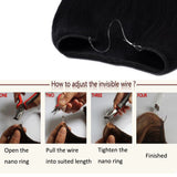 16 Inch Human Hair Hidden Crown Wire Hair Extensions Secret Fish Line in Hairpieces Long Straight No Clips No Glue Invisible Extensions 60g #1 Jet Black