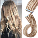 S-noilite Rooted Tape in Human Hair Extension Balayage Tape in Remy Human Hair Piece Seamless Skin Weft Invisible Double Sided Tape Straight 20 Pcs 30g 14 Inch (#12/613 Golden Brown/Bleach Blonde)