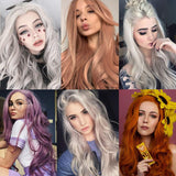 Leeven 24 Inch Long Wavy Synthetic Lace Front Wigs Orange Pink Natural Wavy Glueless Swiss Lace Wigs For Black Women Free Part High Temperature Heat Resistant Fiber Hair Wig