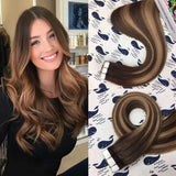 HIKYUU 22" 50g/20pcs Ombre Balayage Invisible Tape in hair Extensions Double Sided #4/27/4 Highlighted Caramel Extensions Tape in Brown Ombre Balayage with Dark Brown Roots